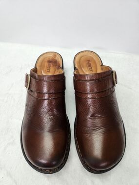 Born Dark Brown Leather Slip-On Clogs with Buckle